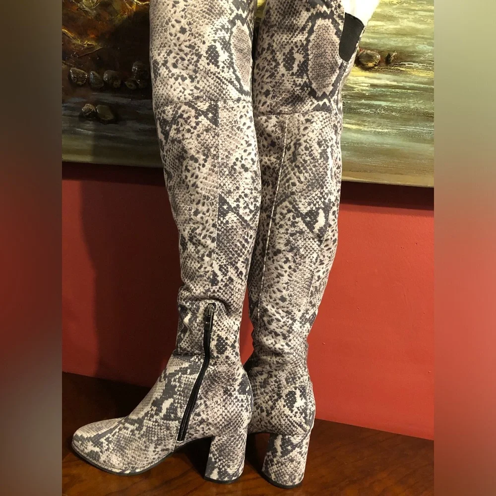 Snake-Print Over-the-Knee Block Heel Boots - Women